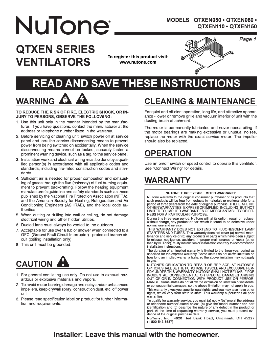 NuTone QTXEN050 manual Qtxen Series Ventilators, Read And Save These Instructions, Cleaning & Maintenance, Operation, Page 