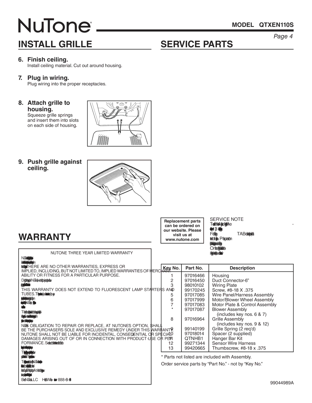 NuTone QTXEN110S warranty Install Grille Service Parts, Warranty 