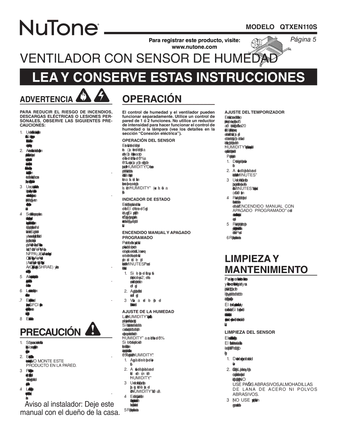 NuTone QTXEN110S LEA Y Conserve Estas Instrucciones, Precaución, Operación, Limpieza Y Mantenimiento, Limpieza DEL Sensor 