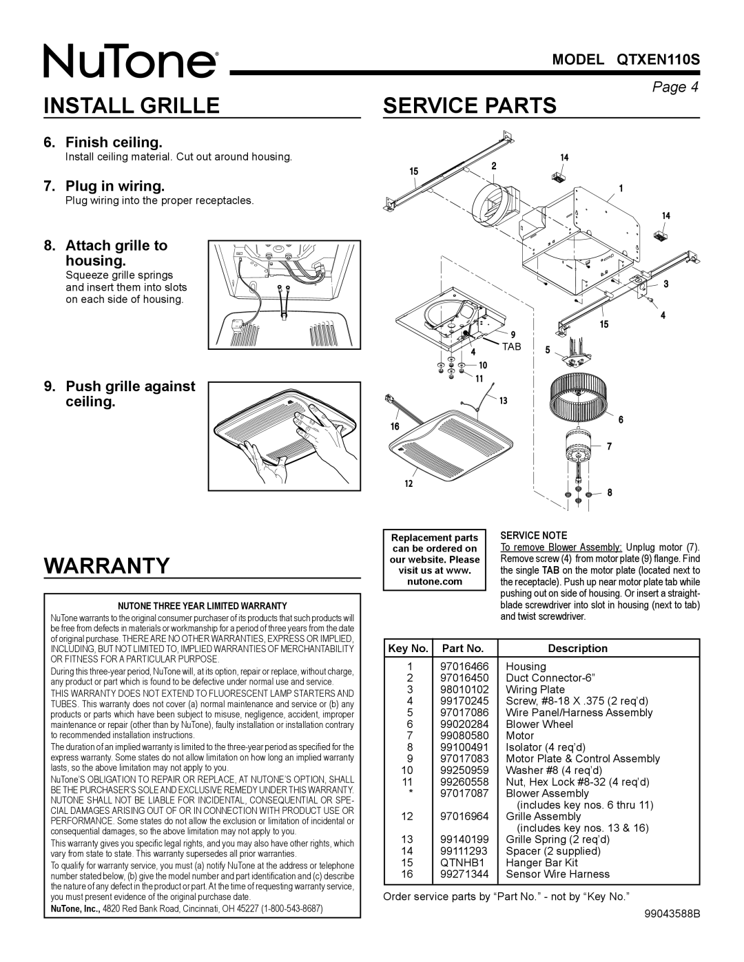 NuTone QTXEN110S warranty Install Grille, Warranty 