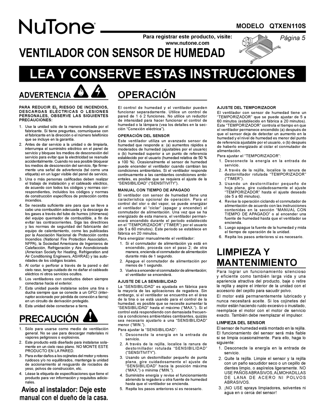 NuTone QTXEN110S warranty LEA Y Conserve Estas Instrucciones, Precaución, Operación, Limpieza Y Mantenimiento 