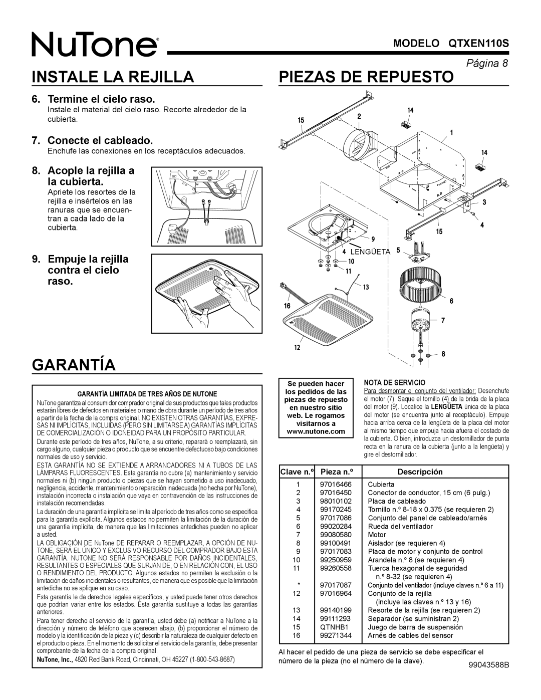 NuTone QTXEN110S warranty Instale LA Rejilla, Garantía 