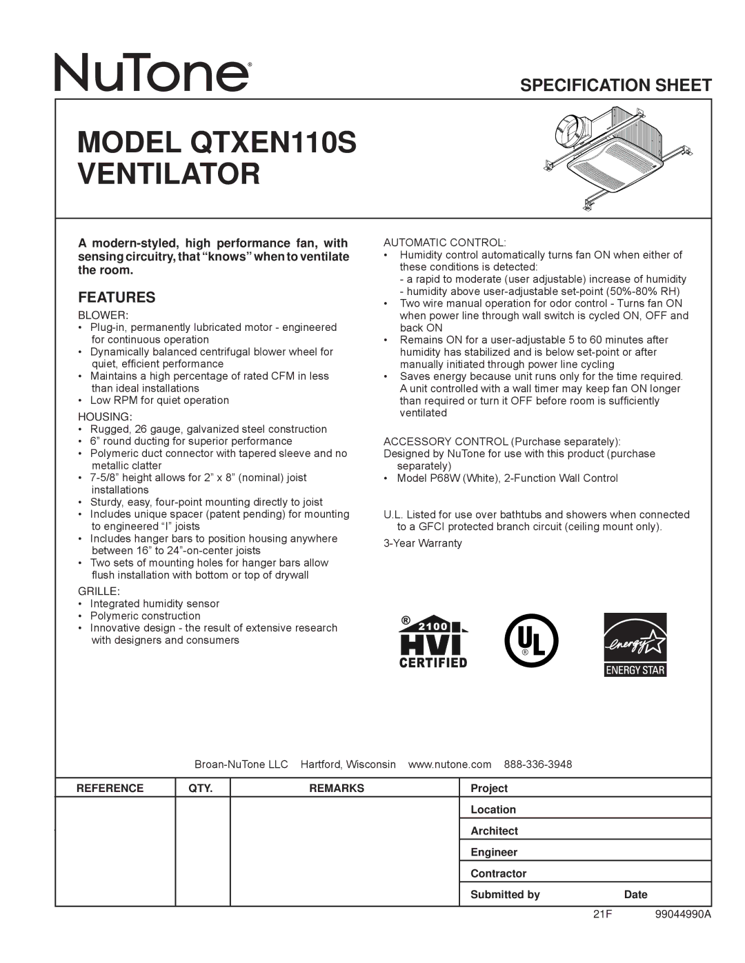 NuTone QTXEN110S specifications Features, Blower, Housing, Grille, Automatic Control 