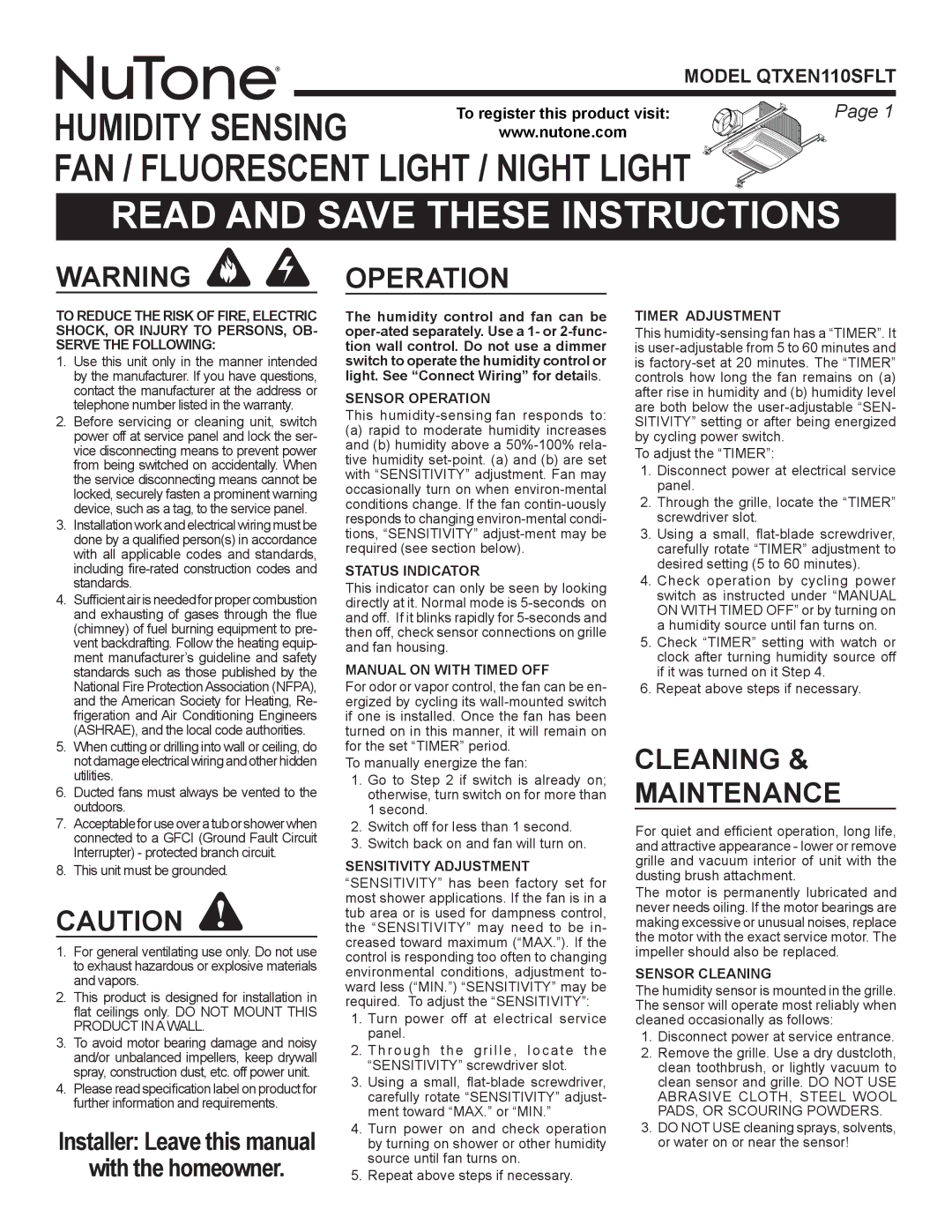 NuTone QTXEN110SFLT warranty Read and Save These Instructions, Operation, Cleaning & Maintenance 