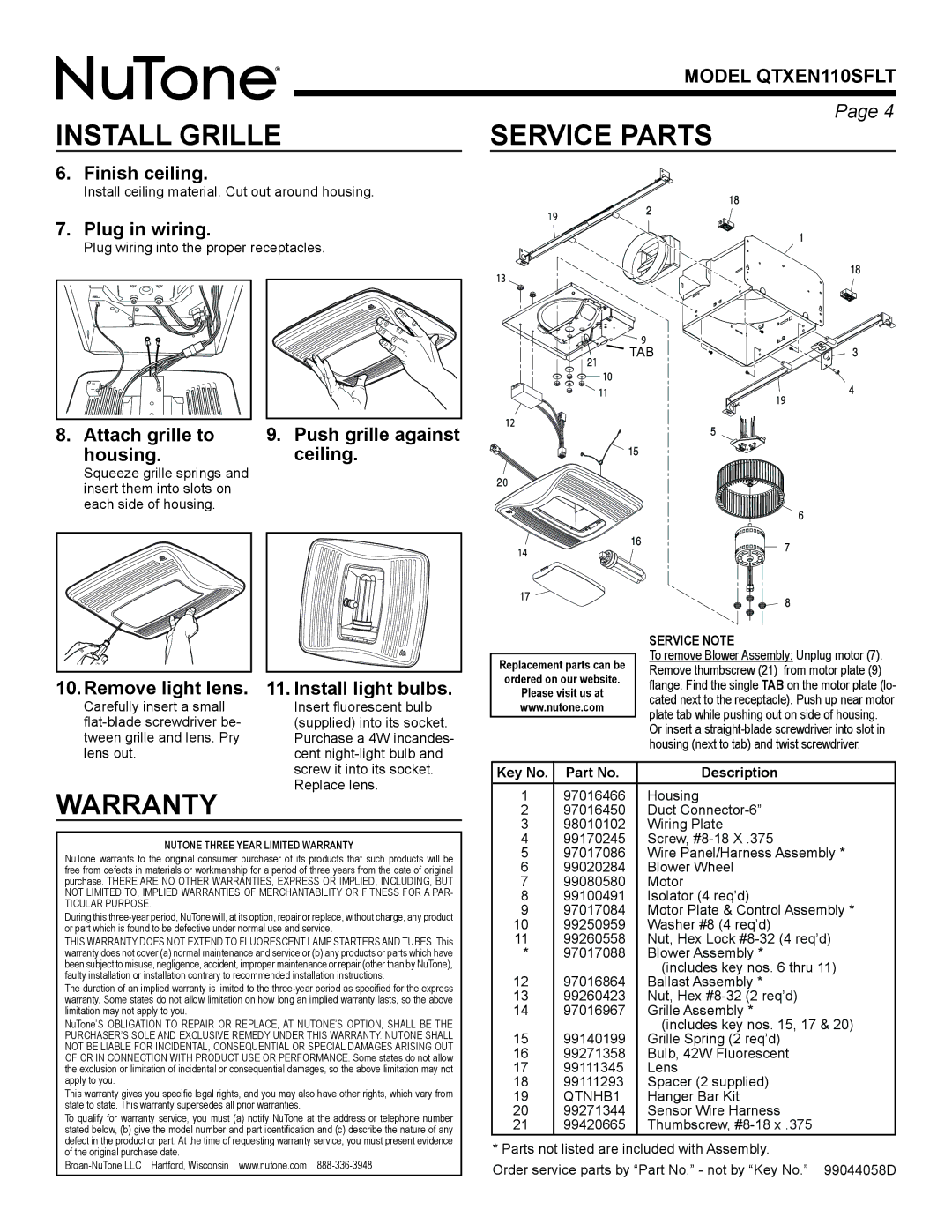 NuTone QTXEN110SFLT warranty Install Grille, Warranty 