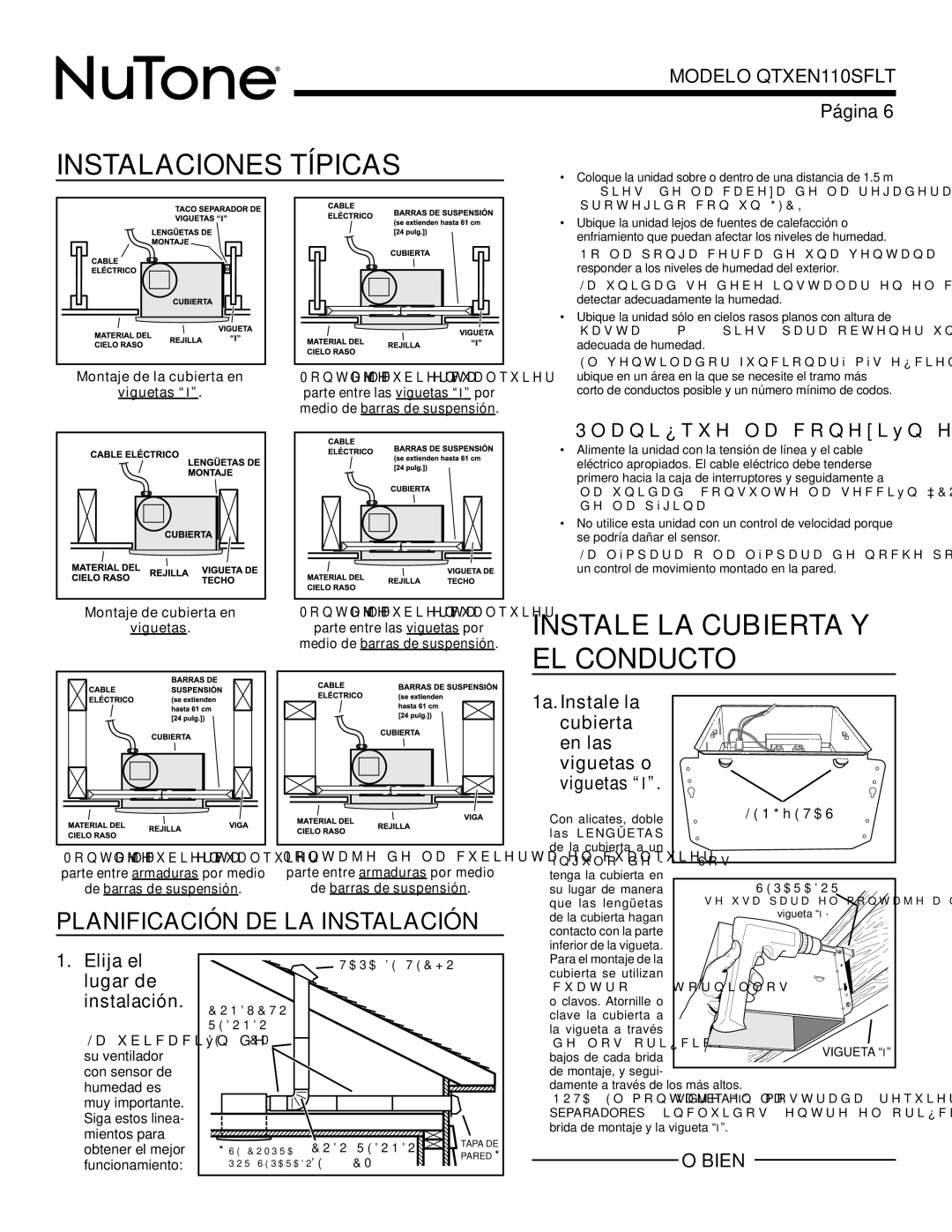 NuTone QTXEN110SFLT warranty Instalaciones Típicas, Instale LA Cubierta Y EL Conducto, Planifique la conexión eléctrica 