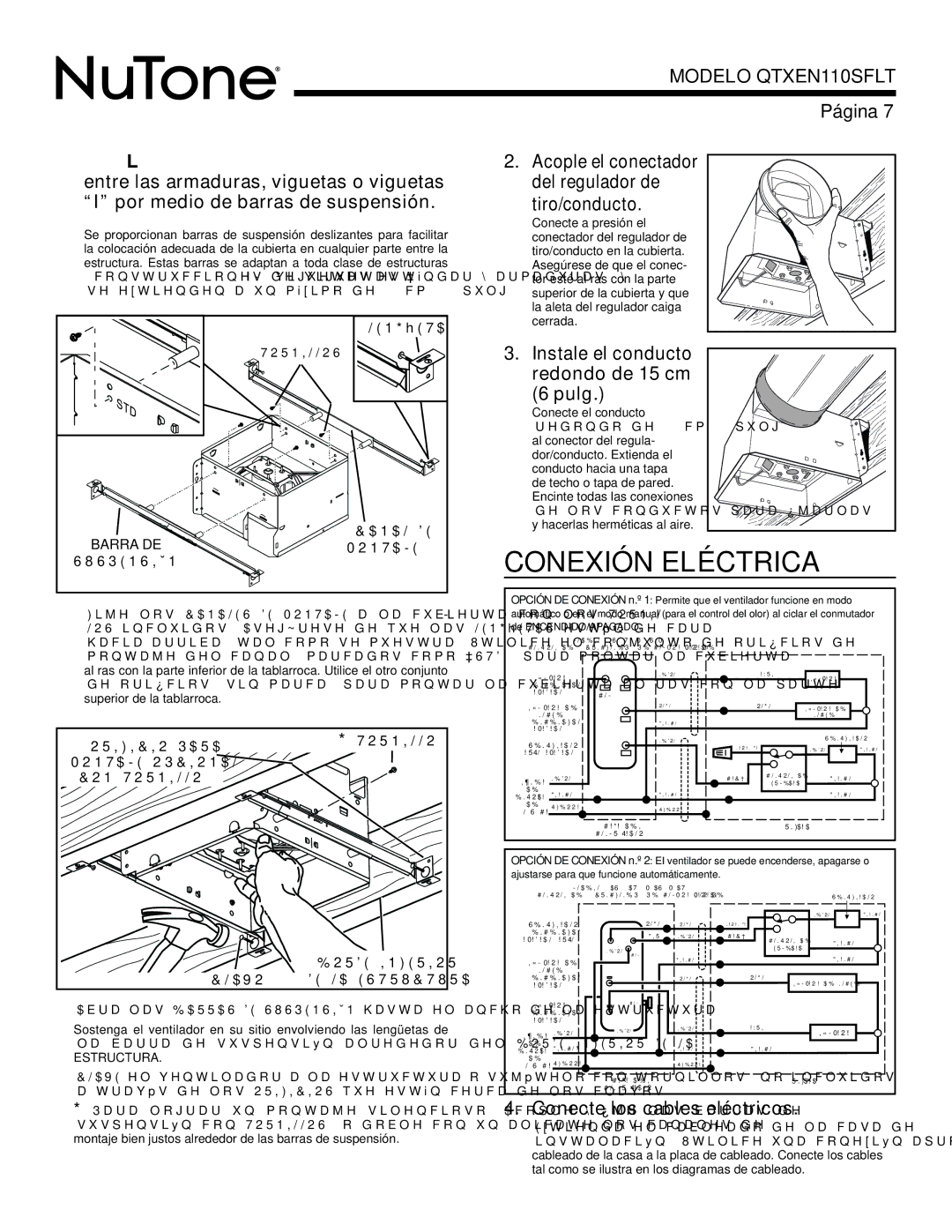 NuTone QTXEN110SFLT warranty Conexión Eléctrica, Pulg, Conecte los cables eléctricos, Instale el conducto redondo de 15 cm 