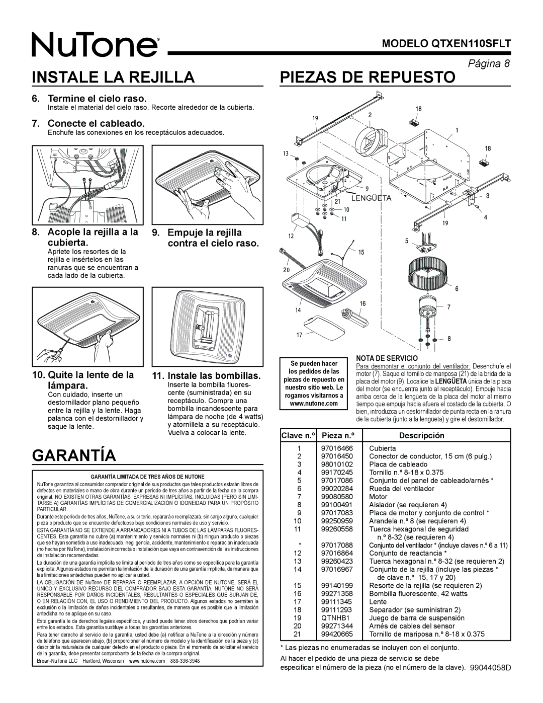 NuTone QTXEN110SFLT warranty Instale LA Rejilla, Garantía 