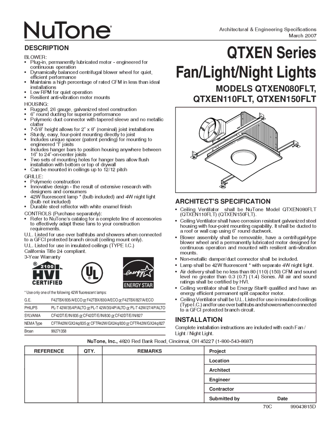 NuTone specifications Models QTXEN080FLT, QTXEN110FLT, QTXEN150FLT, Description, ARCHITECT’S Specification 