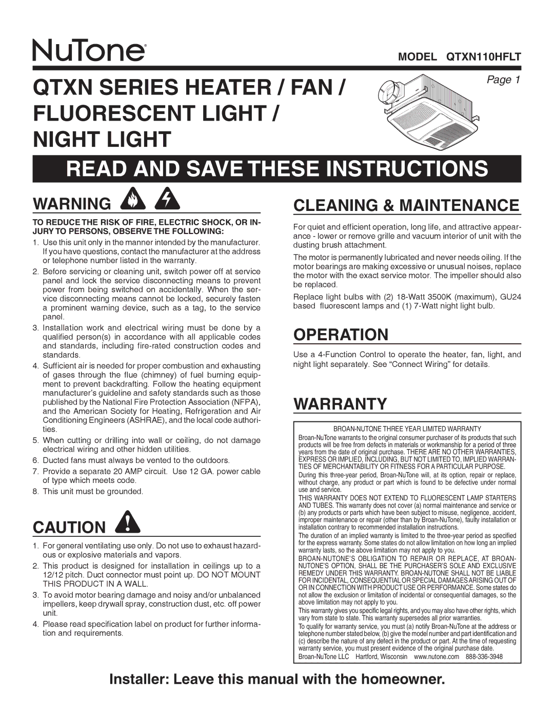 NuTone QTXN110HFLT warranty Read and Save These Instructions, Cleaning & Maintenance, Operation, Warranty 