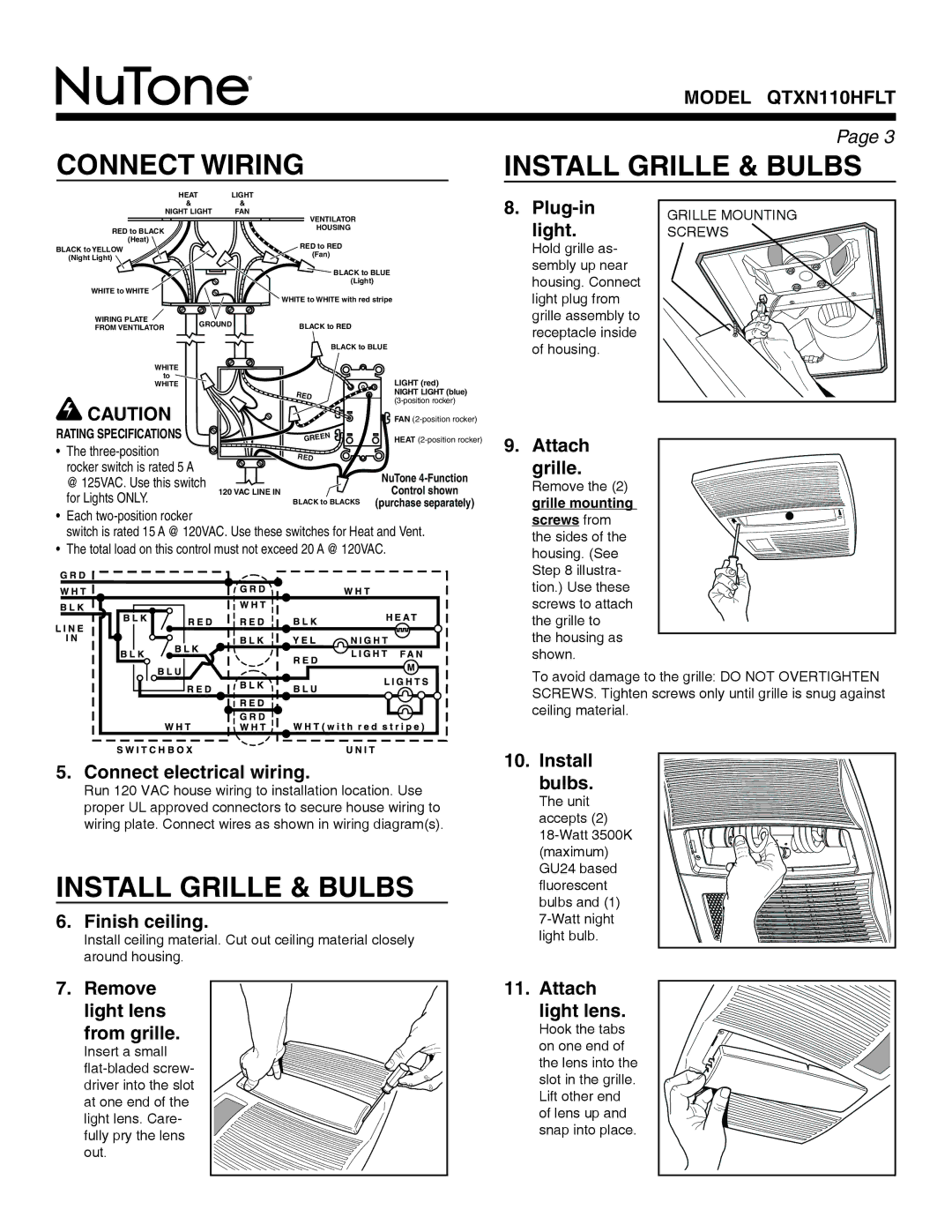 NuTone QTXN110HFLT warranty Connect Wiring Install Grille & Bulbs 