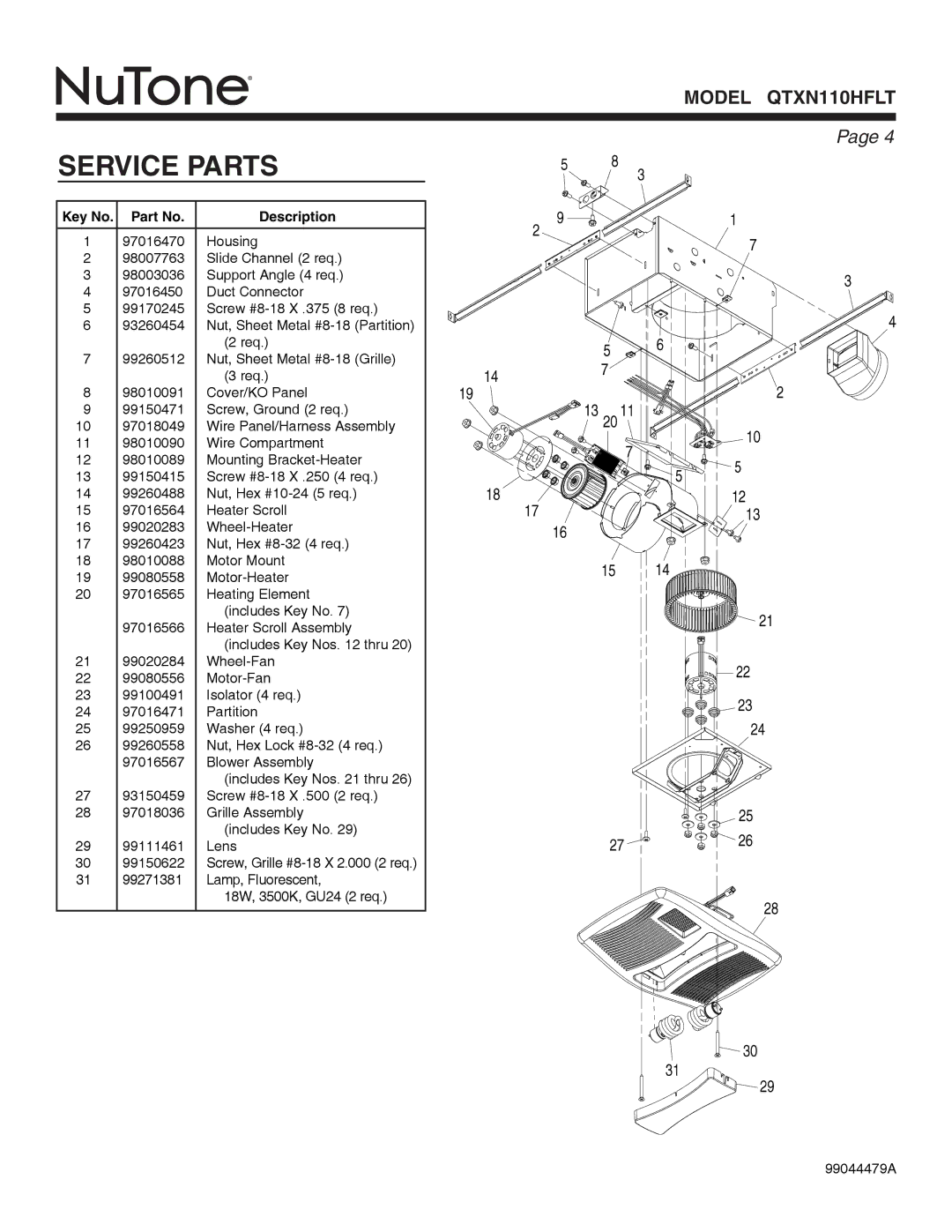 NuTone QTXN110HFLT warranty Service Parts, Description 