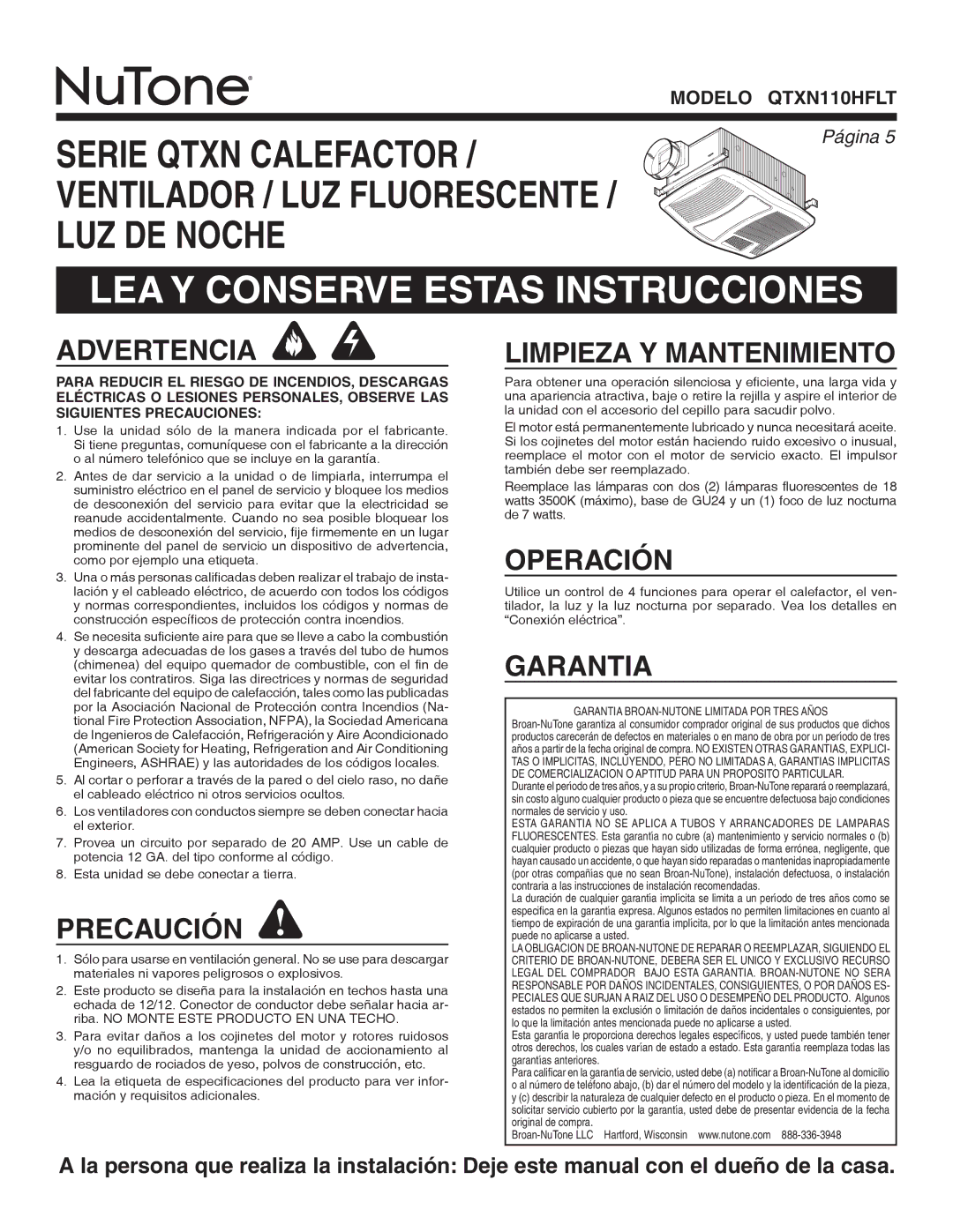 NuTone QTXN110HFLT warranty LEA Y Conserve Estas Instrucciones 