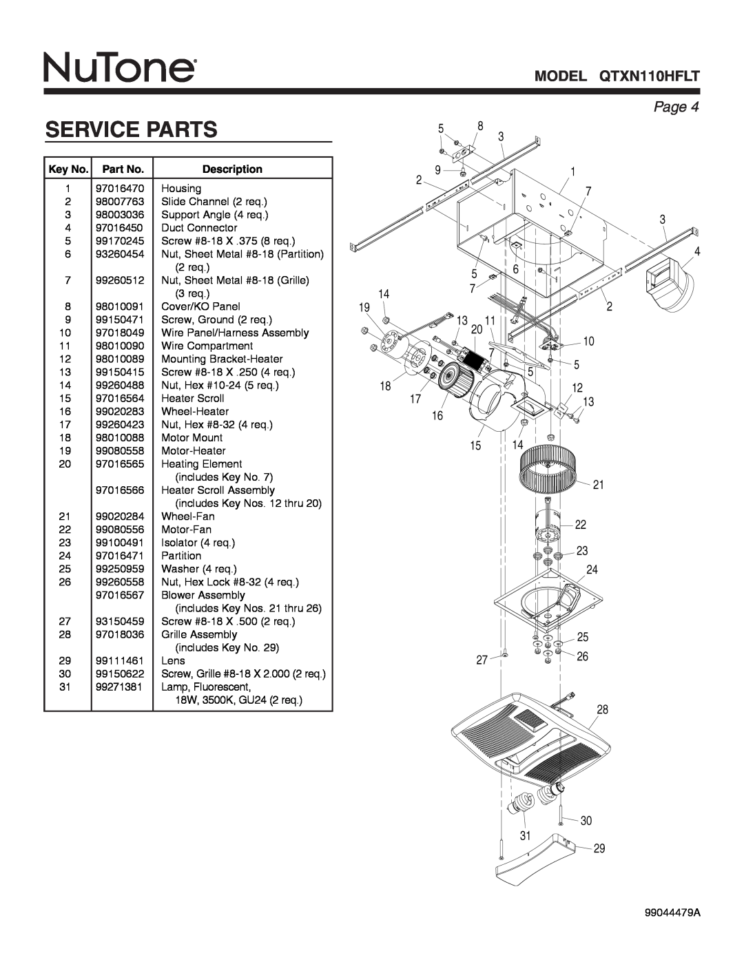 NuTone warranty Service Parts, Page, Description, MODEL QTXN110HFLT 