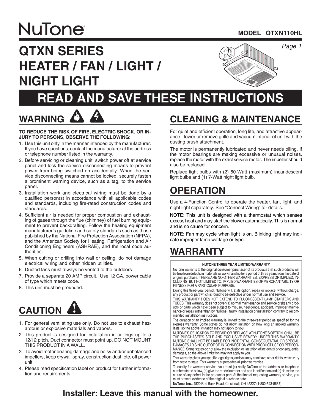 NuTone QTXN110HL warranty Read and Save These Instructions, Cleaning & Maintenance, Operation, Warranty 