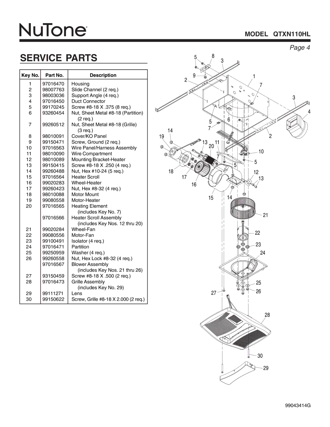 NuTone QTXN110HL warranty Service Parts, Key No. Part No Description 