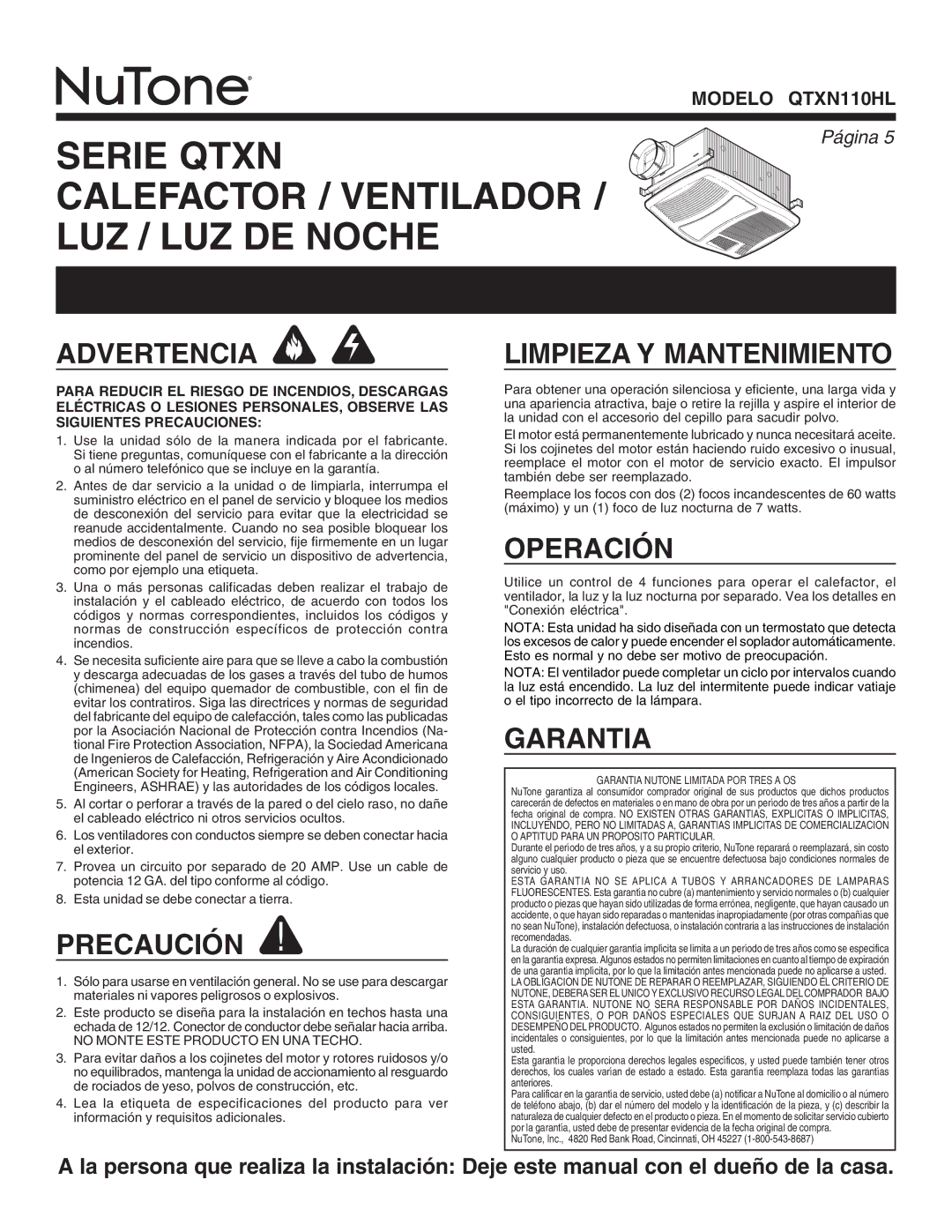 NuTone QTXN110HL warranty LEA Y Conserve Estas Instrucciones 