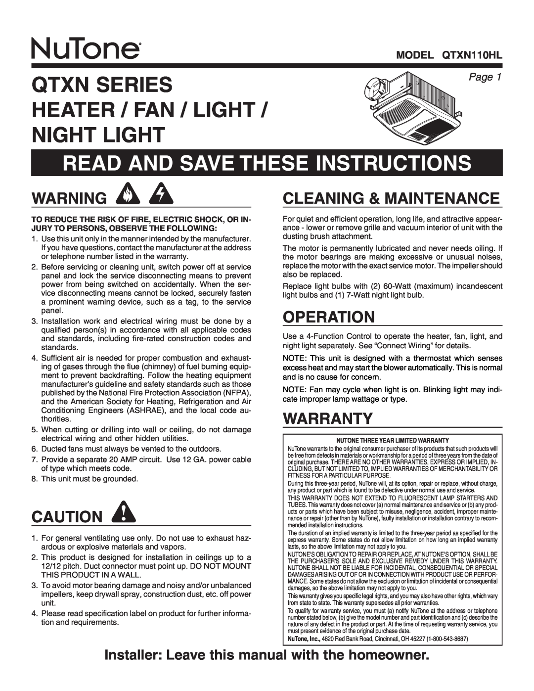 NuTone QTXN110HL warranty Qtxn Series Heater / Fan / Light / Night Light, Read And Save These Instructions, Operation 