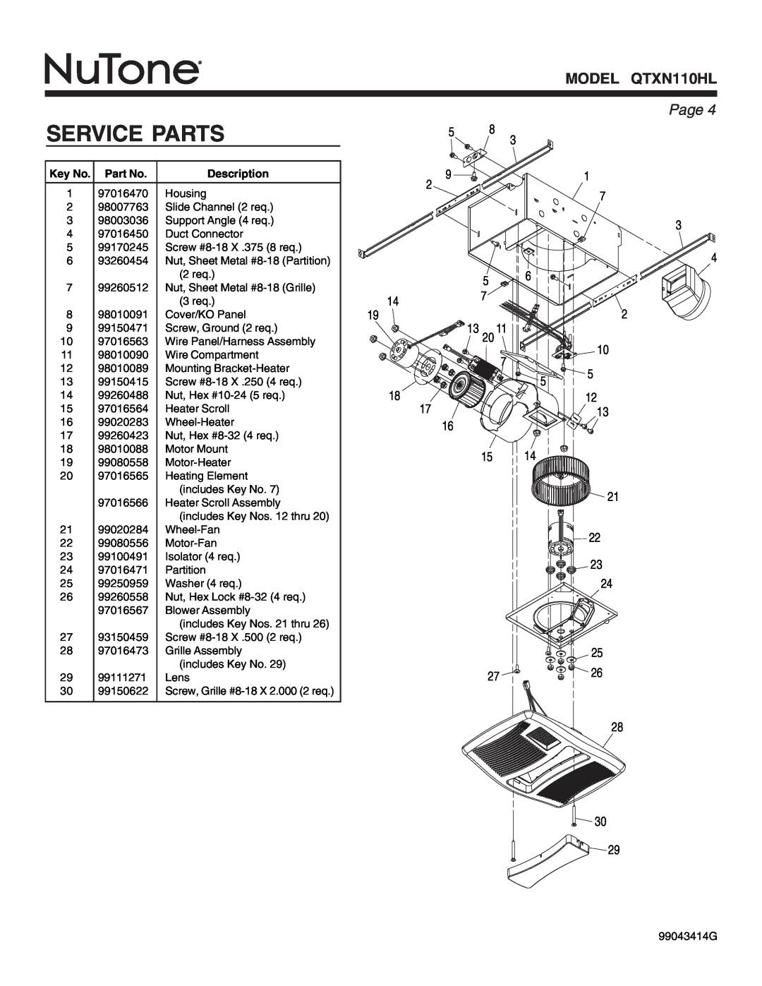 NuTone Service Parts, MODEL QTXN110HL, Page, 13 20 7 5, 2 10 5 12 13 21 22 23 24 25 26 28, Key No. Part No, Description 