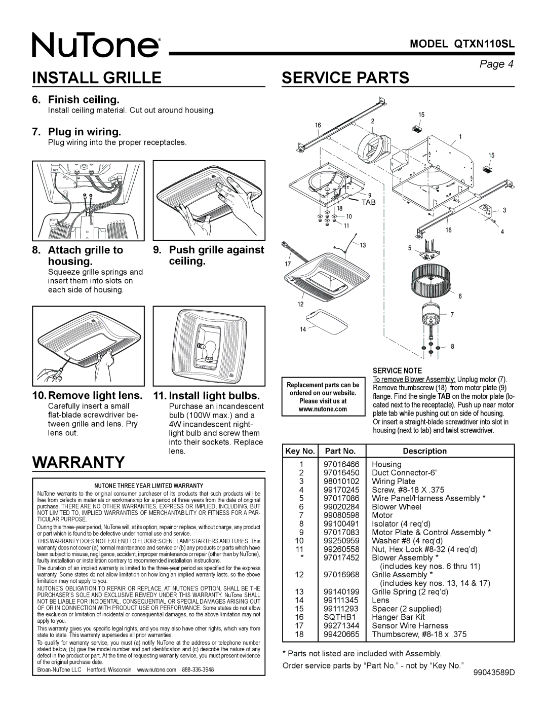 NuTone QTXN110SL manual Install Grille Service Parts, Warranty 