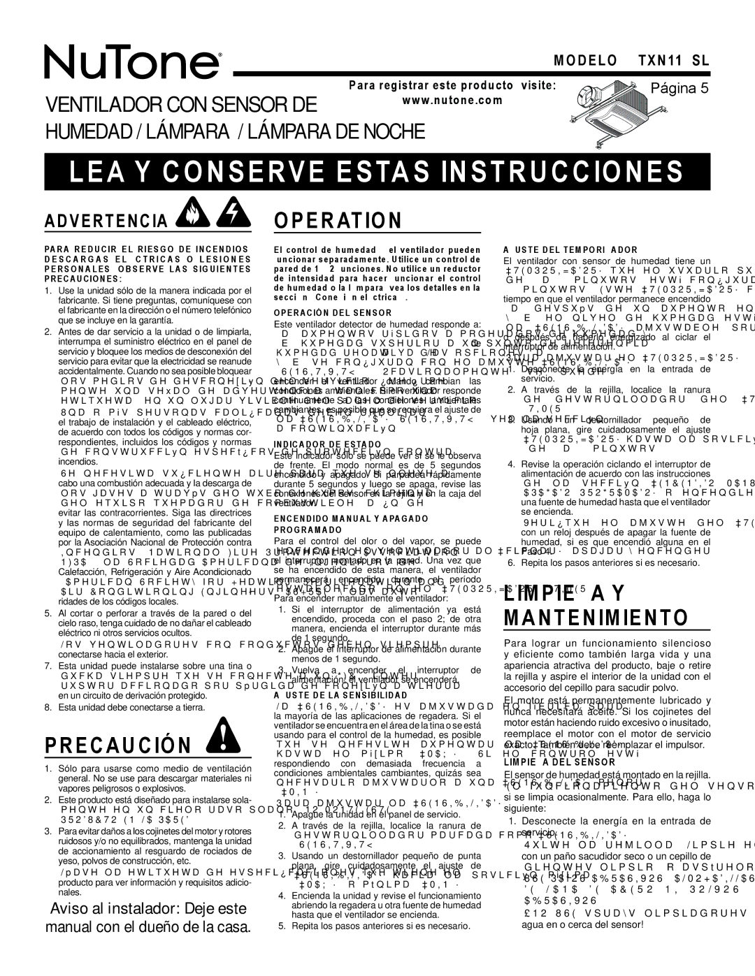 NuTone QTXN110SL manual LEA Y Conserve Estas Instrucciones, Precaución, Limpieza Y Mantenimiento 