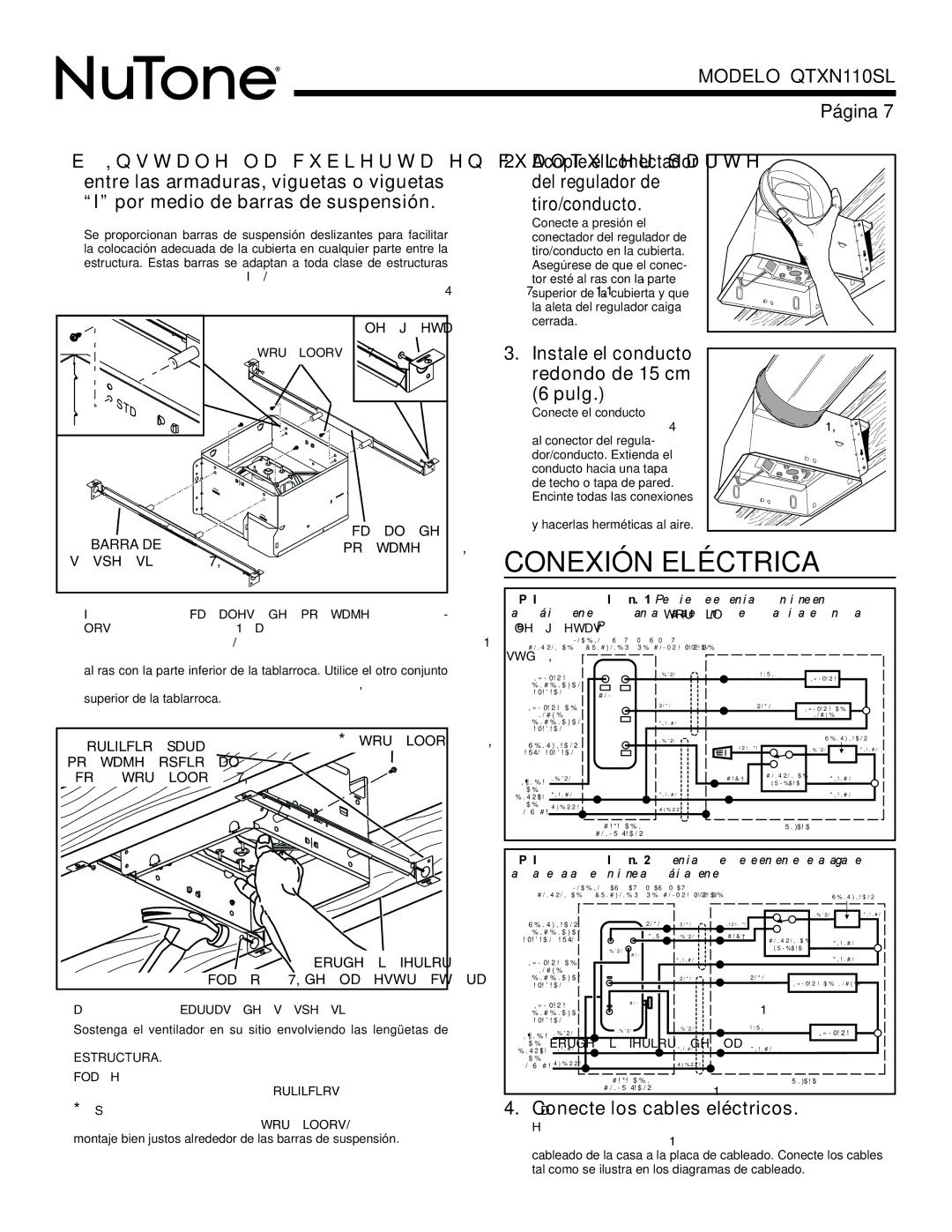 NuTone QTXN110SL manual Conexión Eléctrica, Pulg, Conecte los cables eléctricos, Instale el conducto redondo de 15 cm 