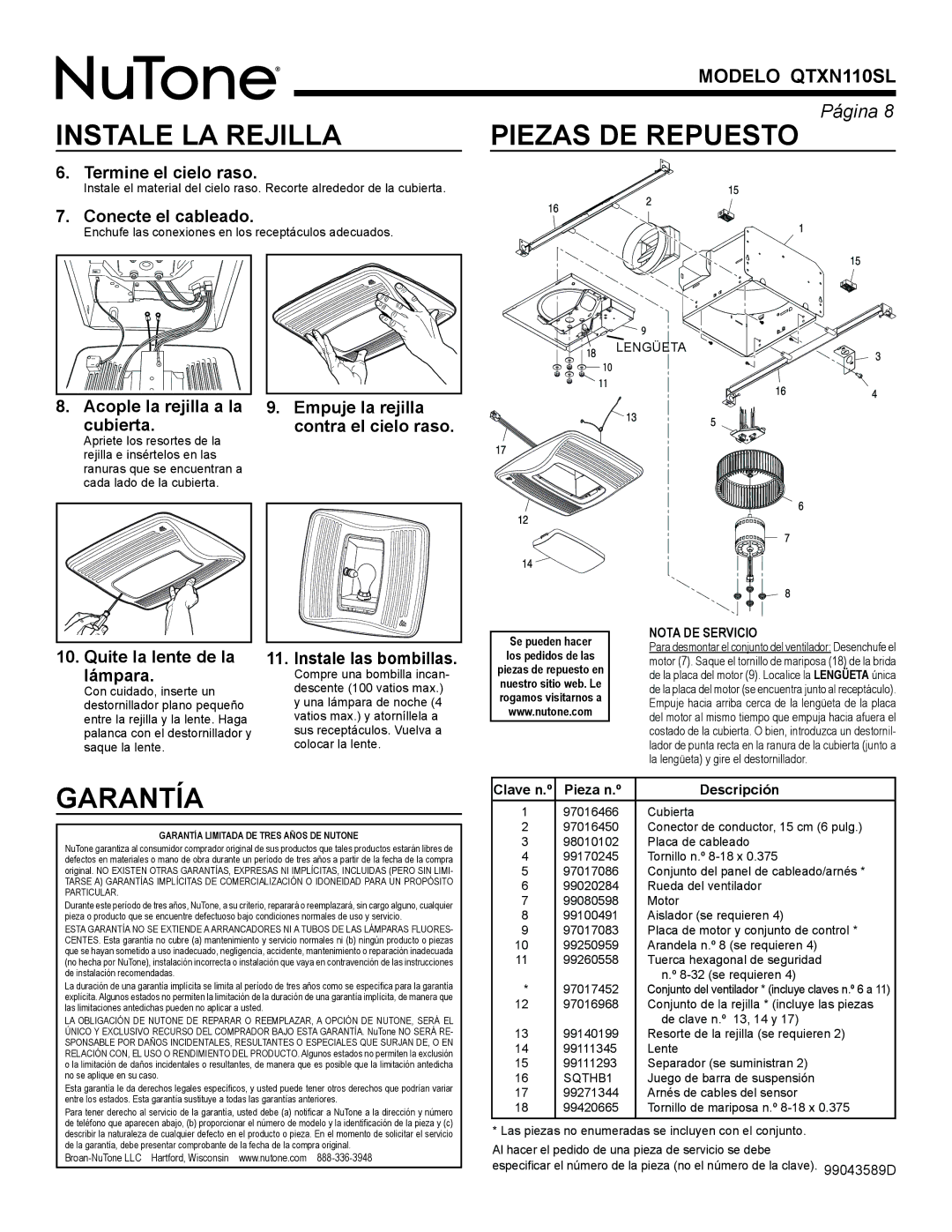 NuTone QTXN110SL manual Instale LA Rejilla, Garantía 