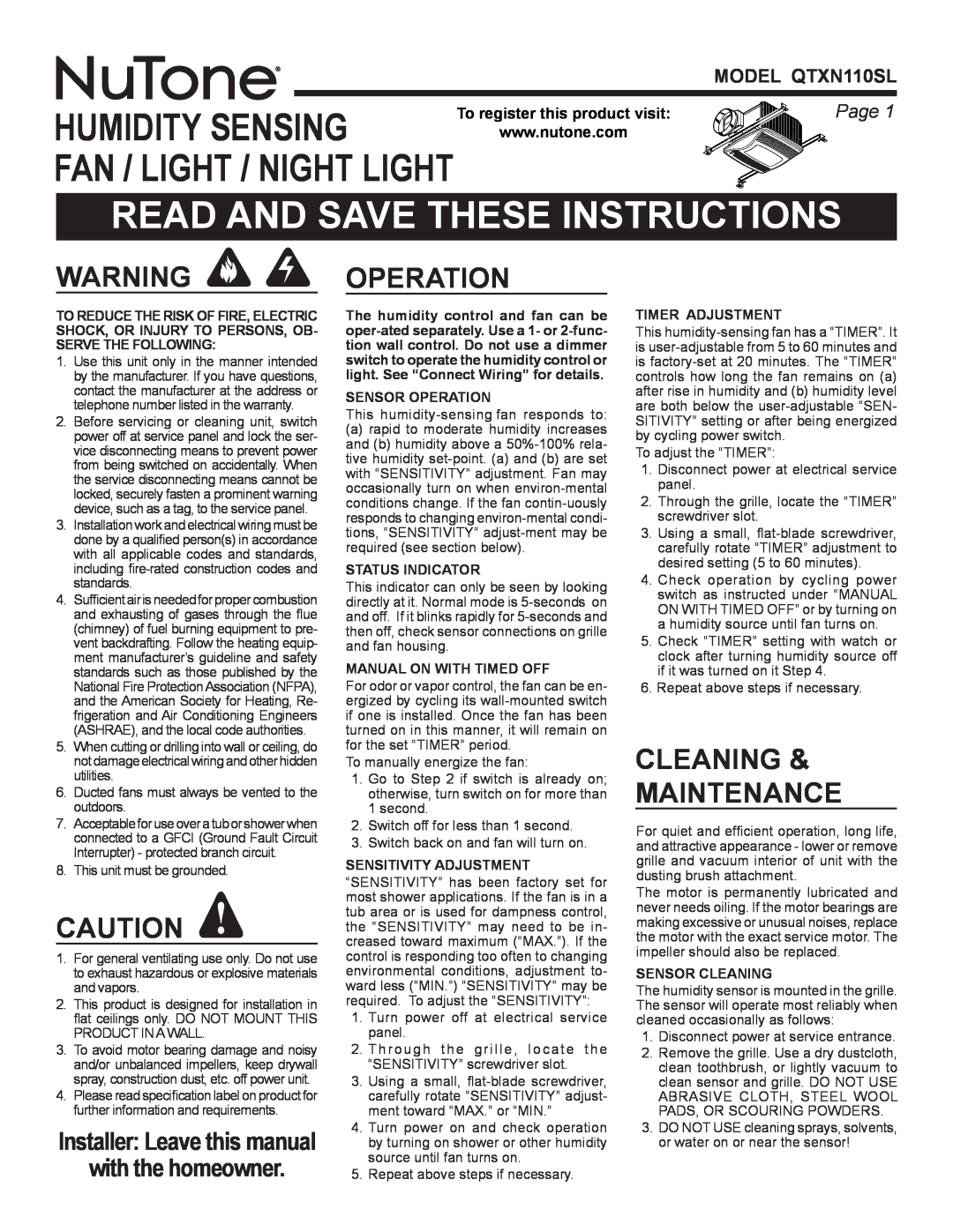NuTone QTXN110SL manual Read And Save These Instructions, Operation, Cleaning & Maintenance, with the homeowner 