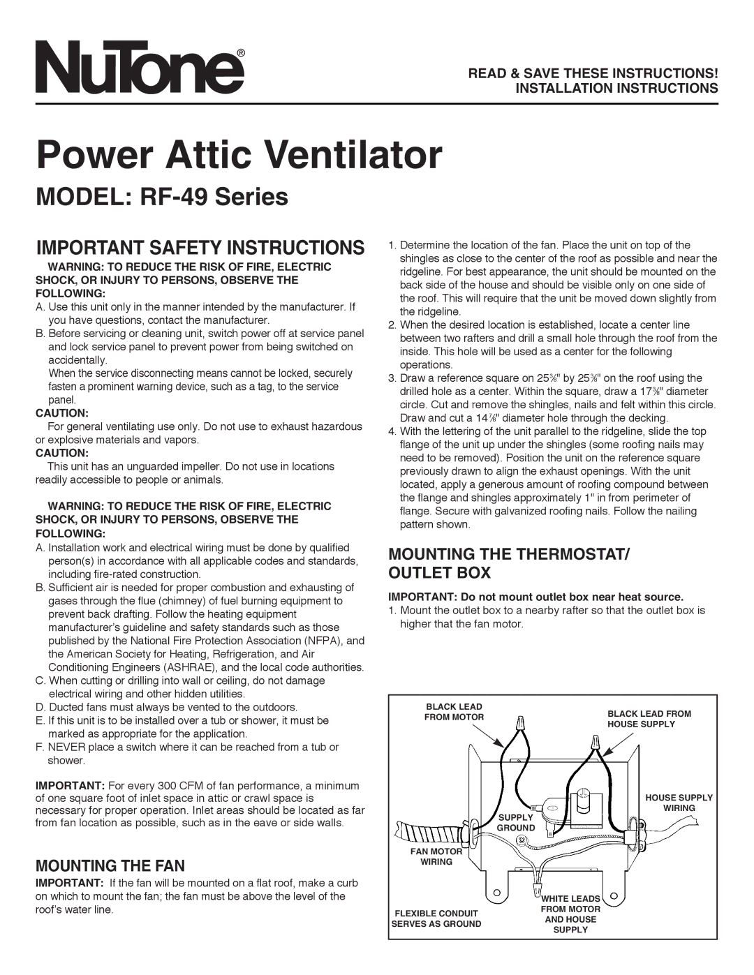 NuTone important safety instructions Power Attic Ventilator, Model RF-49 Series, Mounting the FAN 