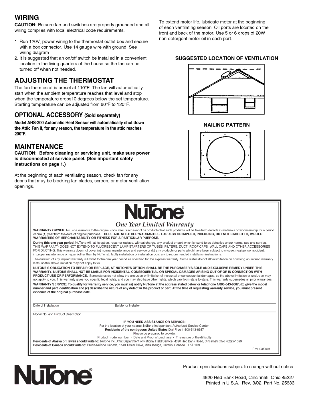 NuTone RF-49 Series Wiring, Adjusting the Thermostat, Optional Accessory Sold separately, Maintenance 