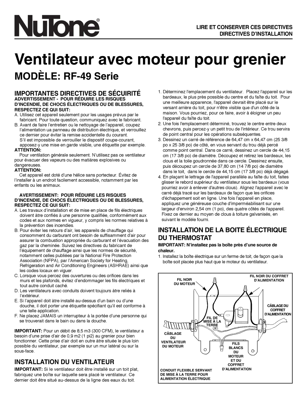 NuTone RF-49 Series Modèle RF-49 Serie, Importantes Directives DE Sécuirité, Installation DU Ventilateur 