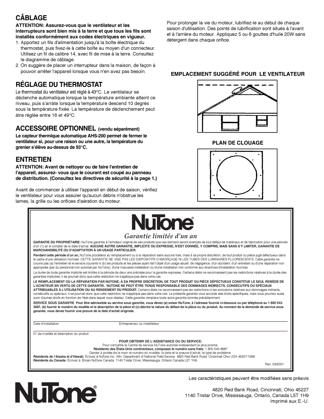 NuTone RF-49 Series Câblage, Réglage DU Thermostat, Accessoire Optionnel vendu séparément, Entretien 