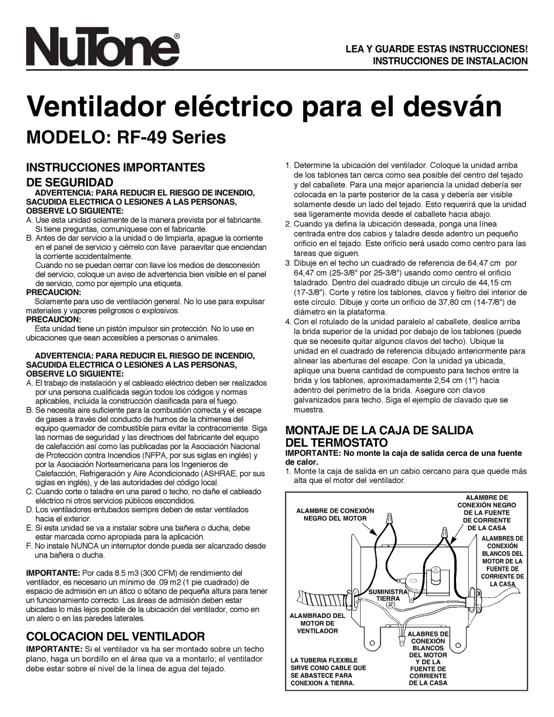 NuTone Ventilador eléctrico para el desván, Modelo RF-49 Series, Instrucciones Importantes DE Seguridad 