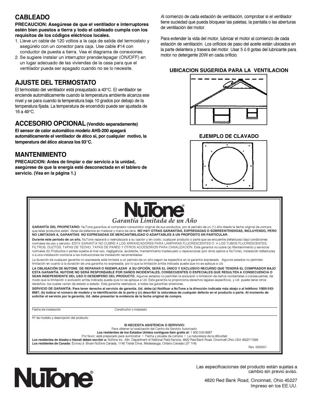 NuTone RF-49 Series Cableado, Ajuste DEL Termostato, Mantenimiento, Garantía Limitada de un Año 