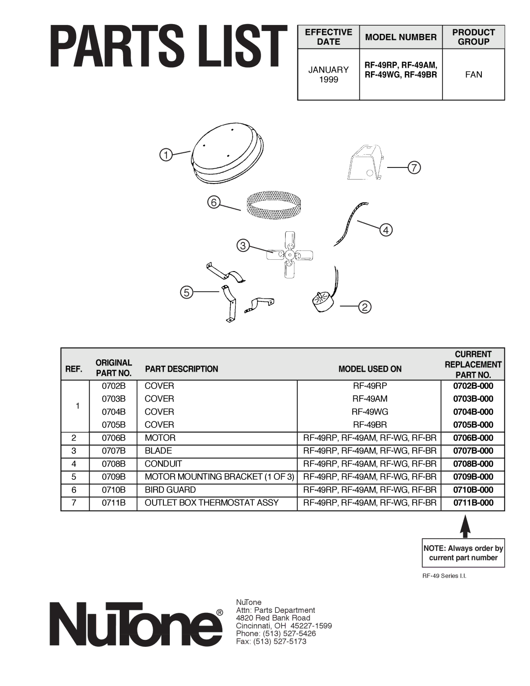 NuTone RF-49 Series important safety instructions Parts List 