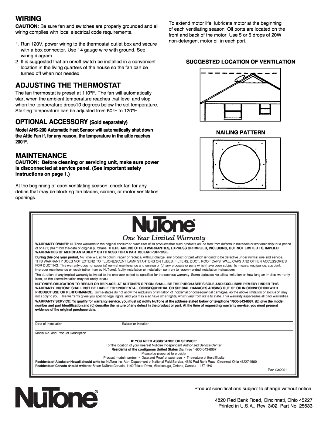 NuTone RF-49 Series Wiring, Adjusting The Thermostat, OPTIONAL ACCESSORY Sold separately, Maintenance 