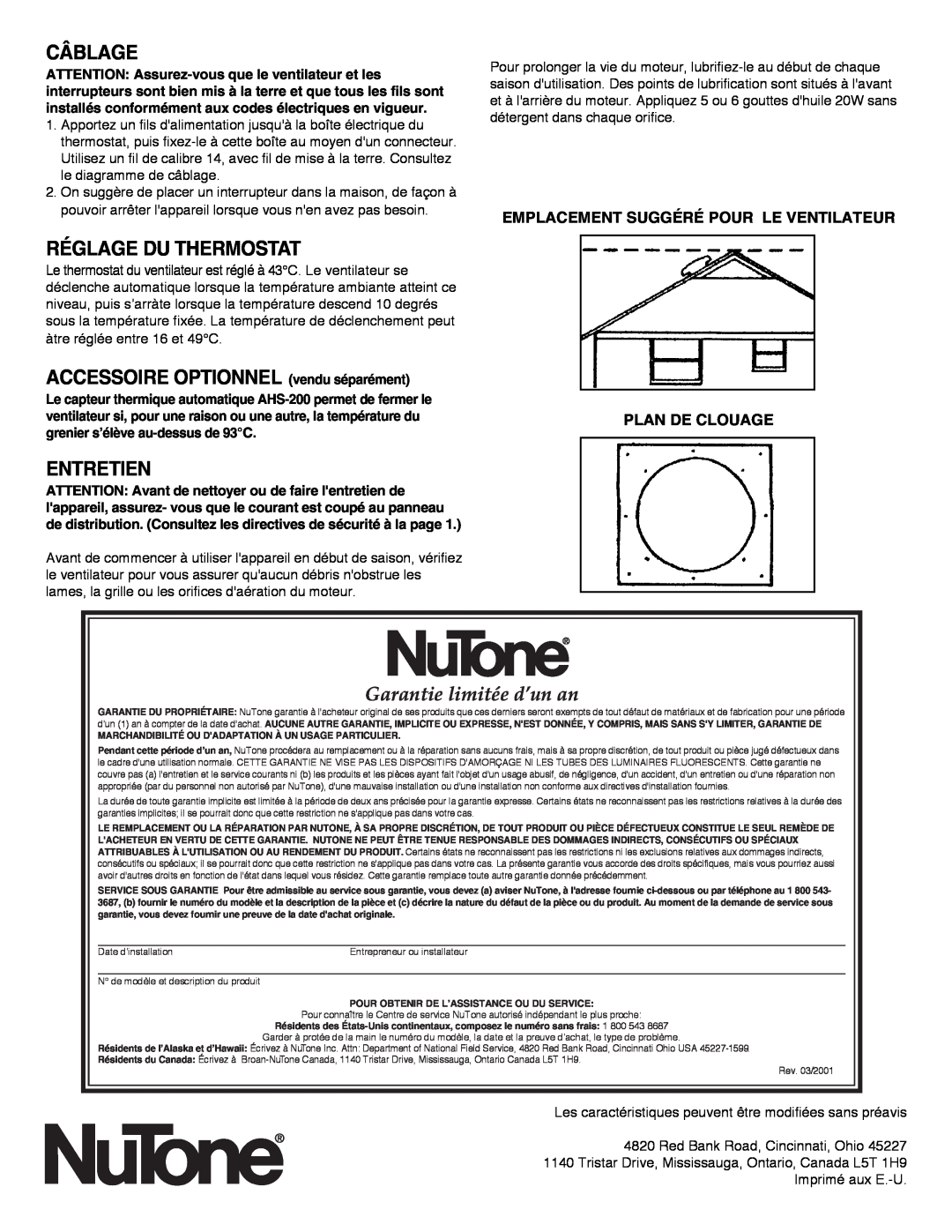 NuTone RF-49 Series Câblage, Réglage Du Thermostat, ACCESSOIRE OPTIONNEL vendu séparément, Entretien 