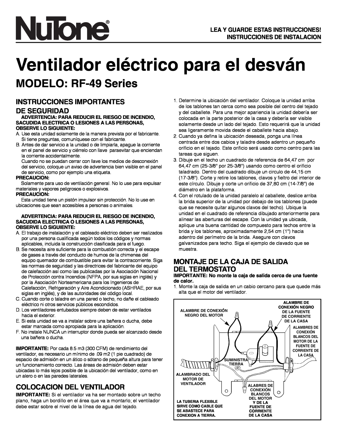 NuTone RF-49 Series Ventilador eléctrico para el desván, MODELO RF-49Series, Instrucciones Importantes De Seguridad 