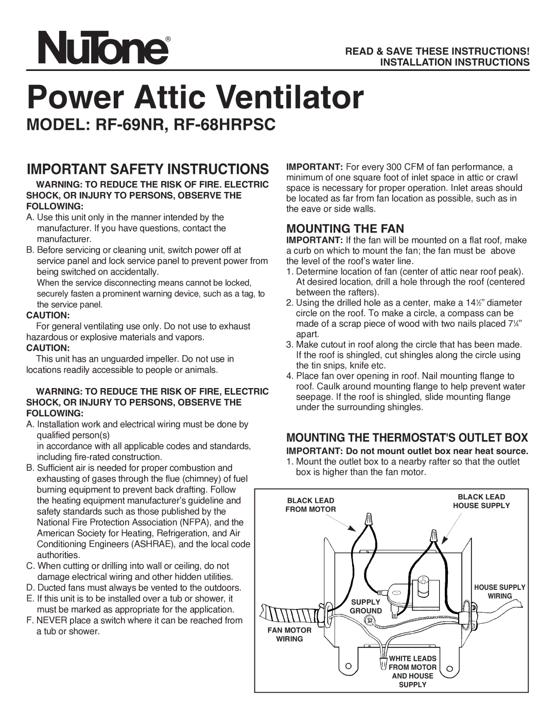 NuTone RF-69NR, RF-68HRPSC important safety instructions Important Safety Instructions, Mounting the FAN, Following 