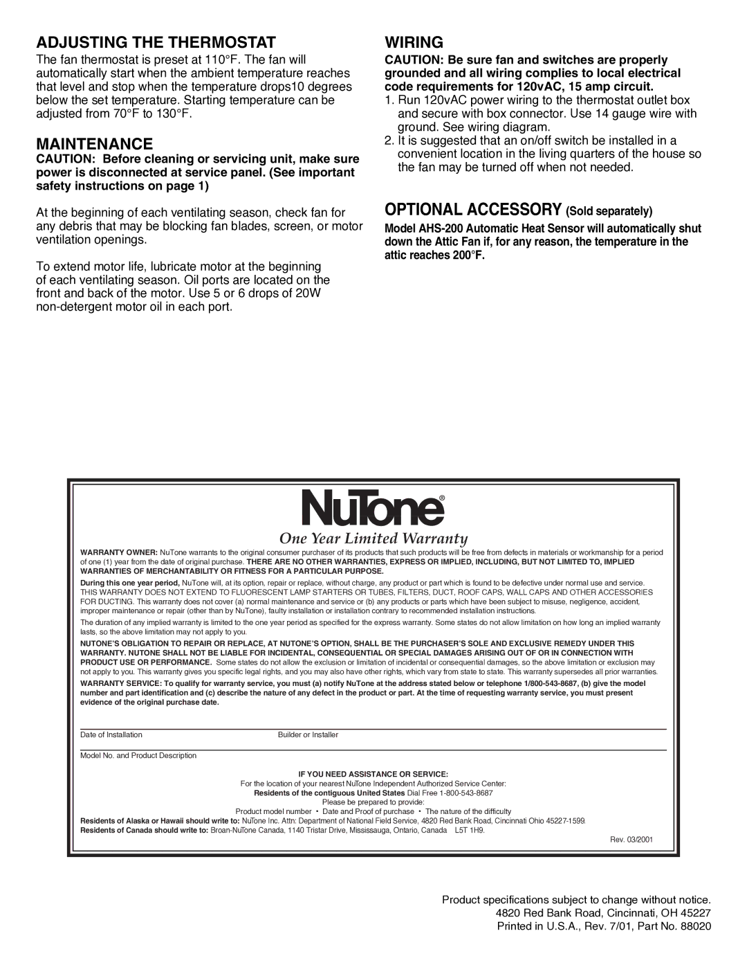 NuTone RF-68HRPSC, RF-69NR Adjusting the Thermostat, Maintenance, Wiring, One Year Limited Warranty 