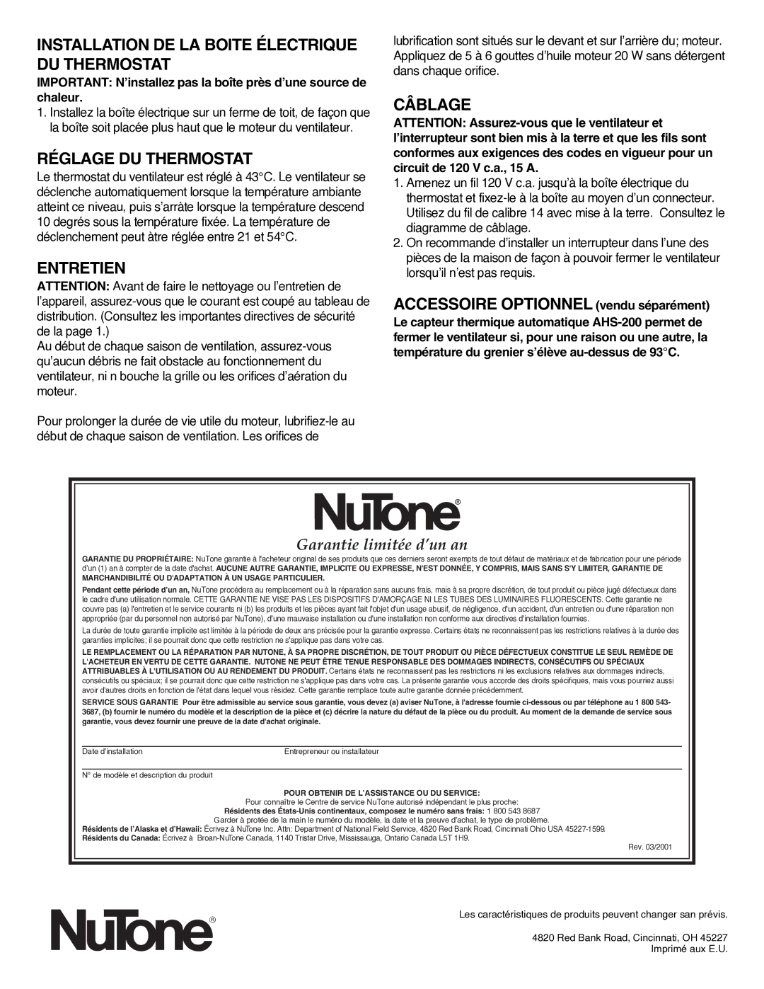 NuTone RF-68HRPSC, RF-69NR Installation DE LA Boite Électrique DU Thermostat, Réglage DU Thermostat, Entretien, Câblage 