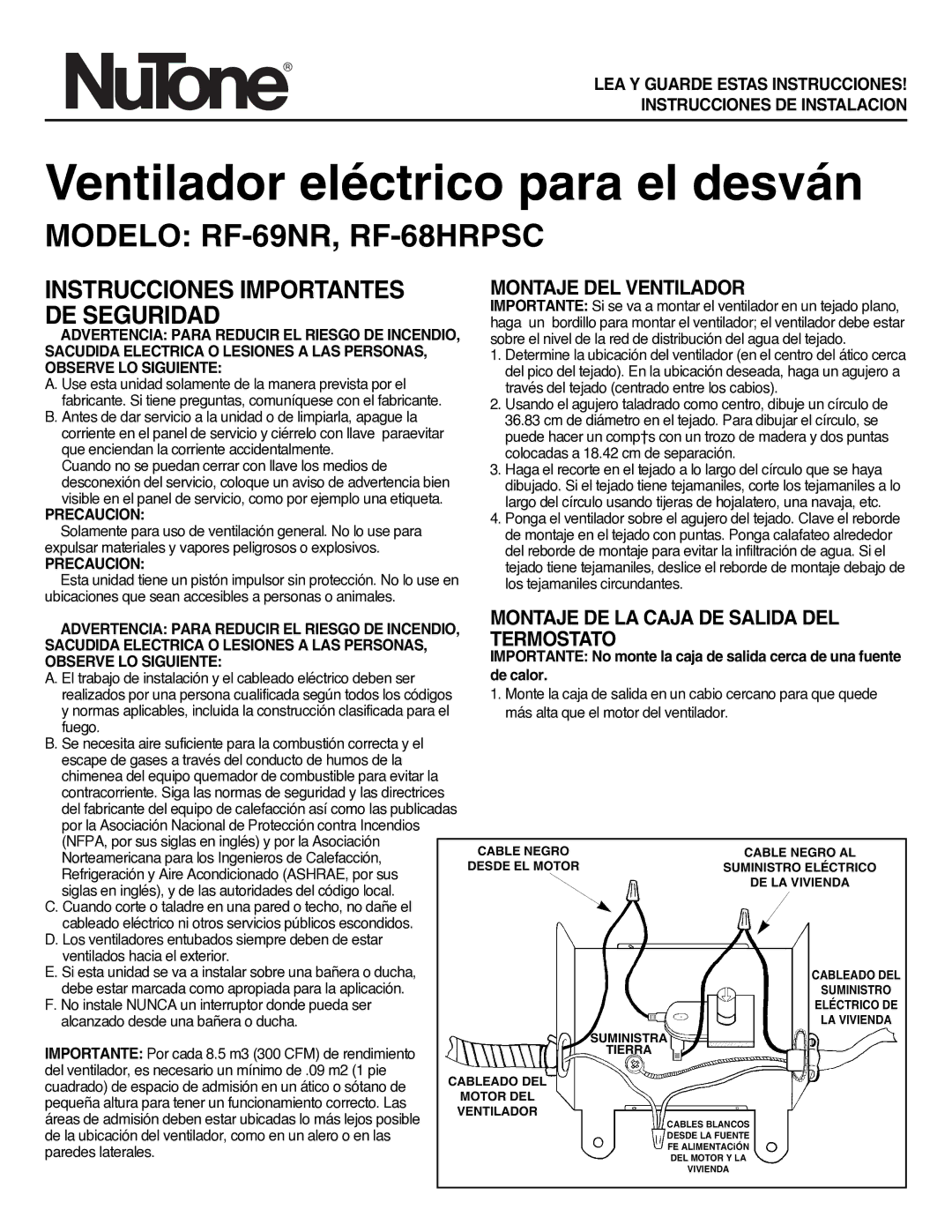 NuTone Modelo RF-69NR, RF-68HRPSC, Instrucciones Importantes DE Seguridad, Montaje DEL Ventilador, Termostato 