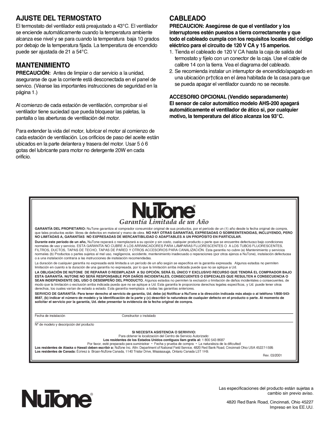 NuTone RF-68HRPSC, RF-69NR Ajuste DEL Termostato, Mantenimiento, Cableado, Garantía Limitada de un Año 