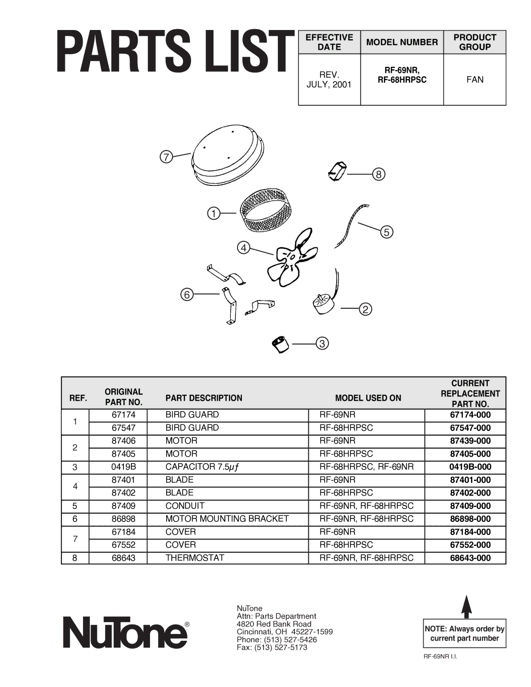 NuTone RF-69NR, RF-68HRPSC important safety instructions Date Group, Original, Part Description Model Used on 