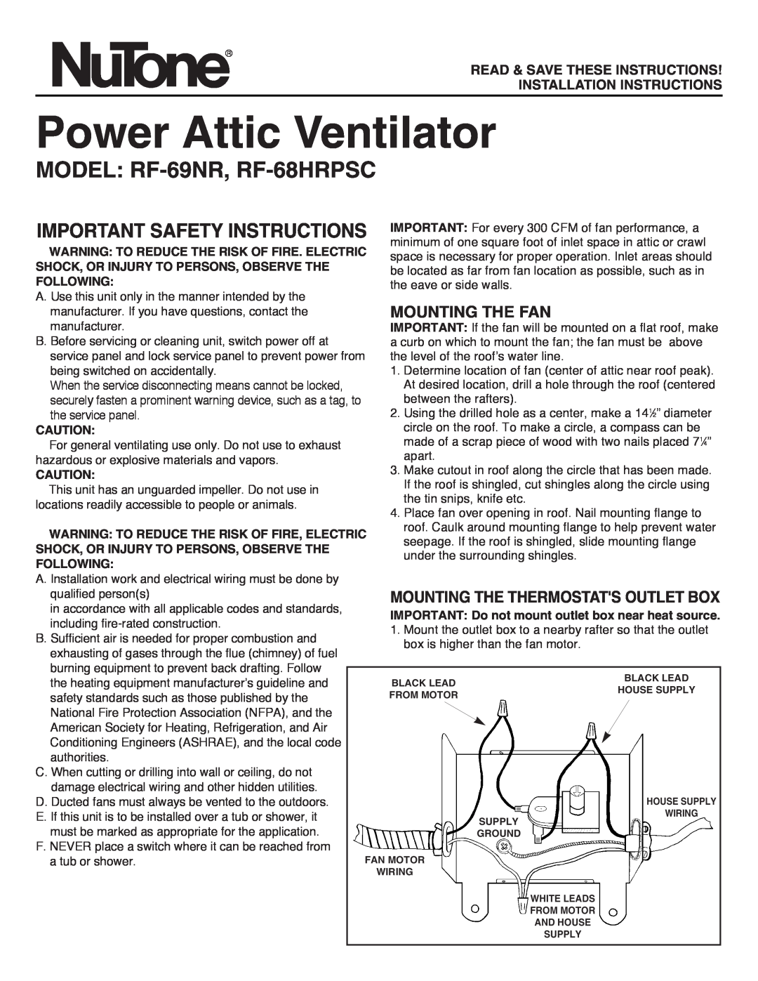 NuTone RF-69NR important safety instructions Important Safety Instructions, Mounting The Fan, Installation Instructions 
