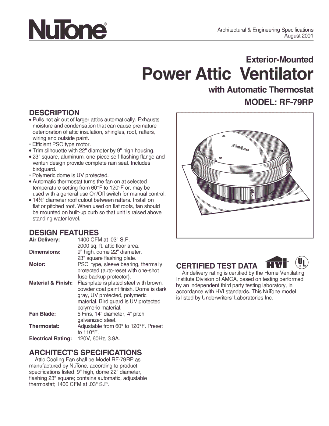 NuTone specifications Power Attic Ventilator, Model RF-79RP 