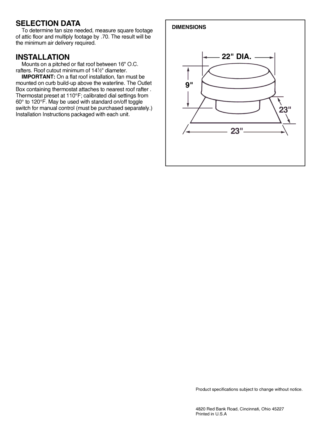 NuTone RF-79RP specifications Selection Data, Installation 