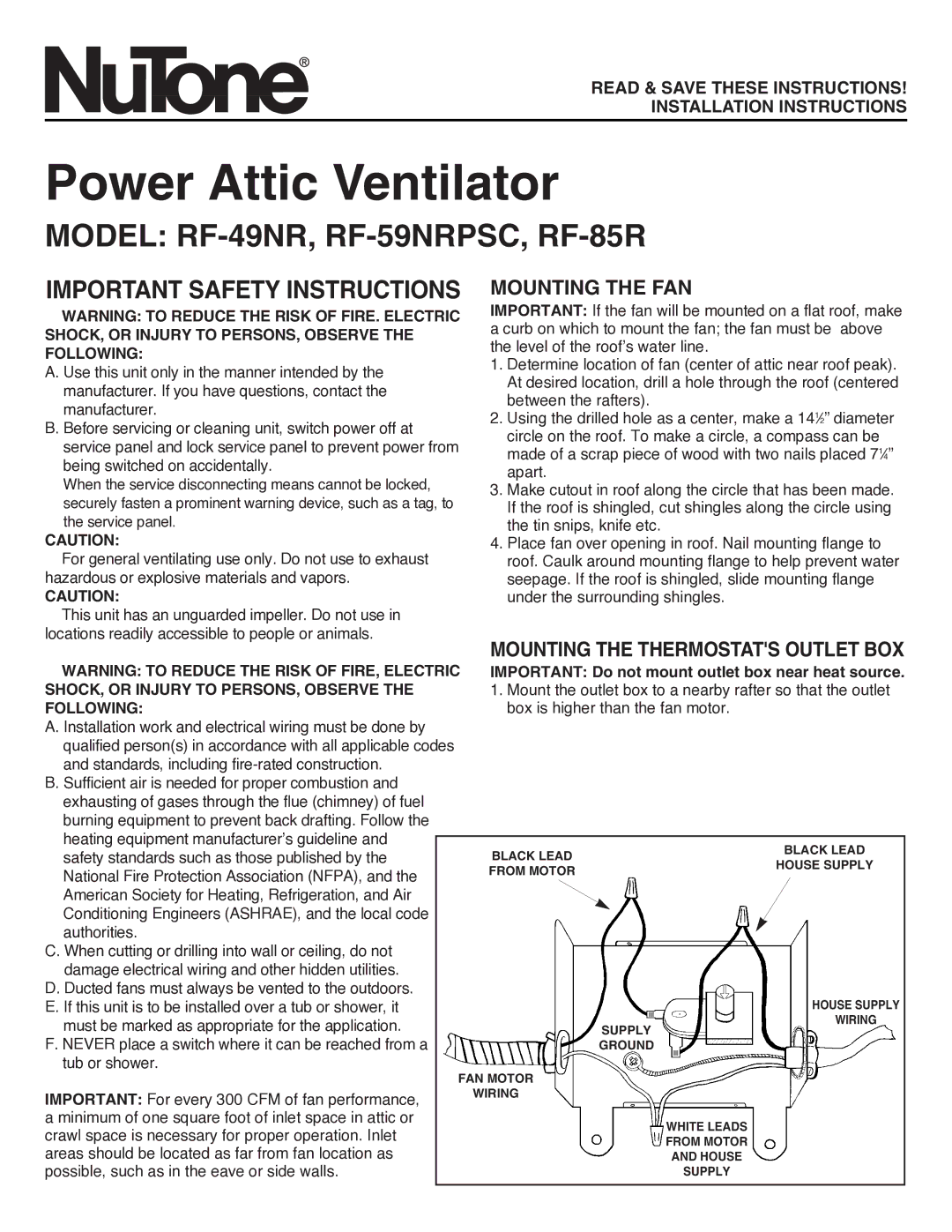 NuTone important safety instructions Power Attic Ventilator, Model RF-49NR, RF-59NRPSC, RF-85R, Mounting the FAN 