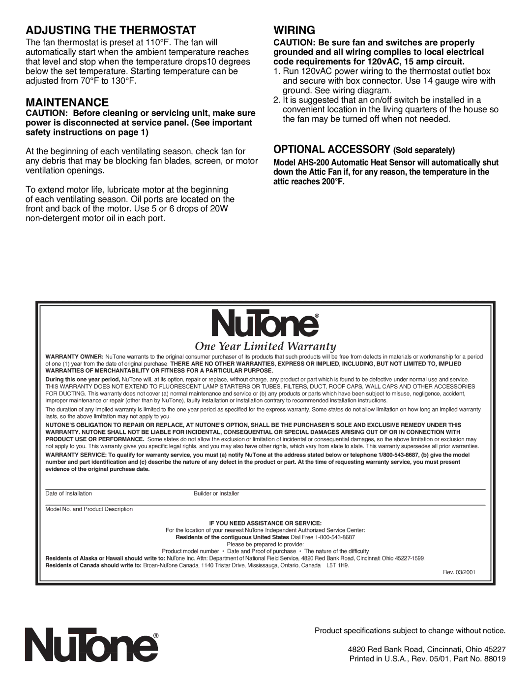 NuTone RF-59NRPSC, RF-85R, RF-49NR One Year Limited Warranty, Adjusting the Thermostat, Maintenance, Wiring 