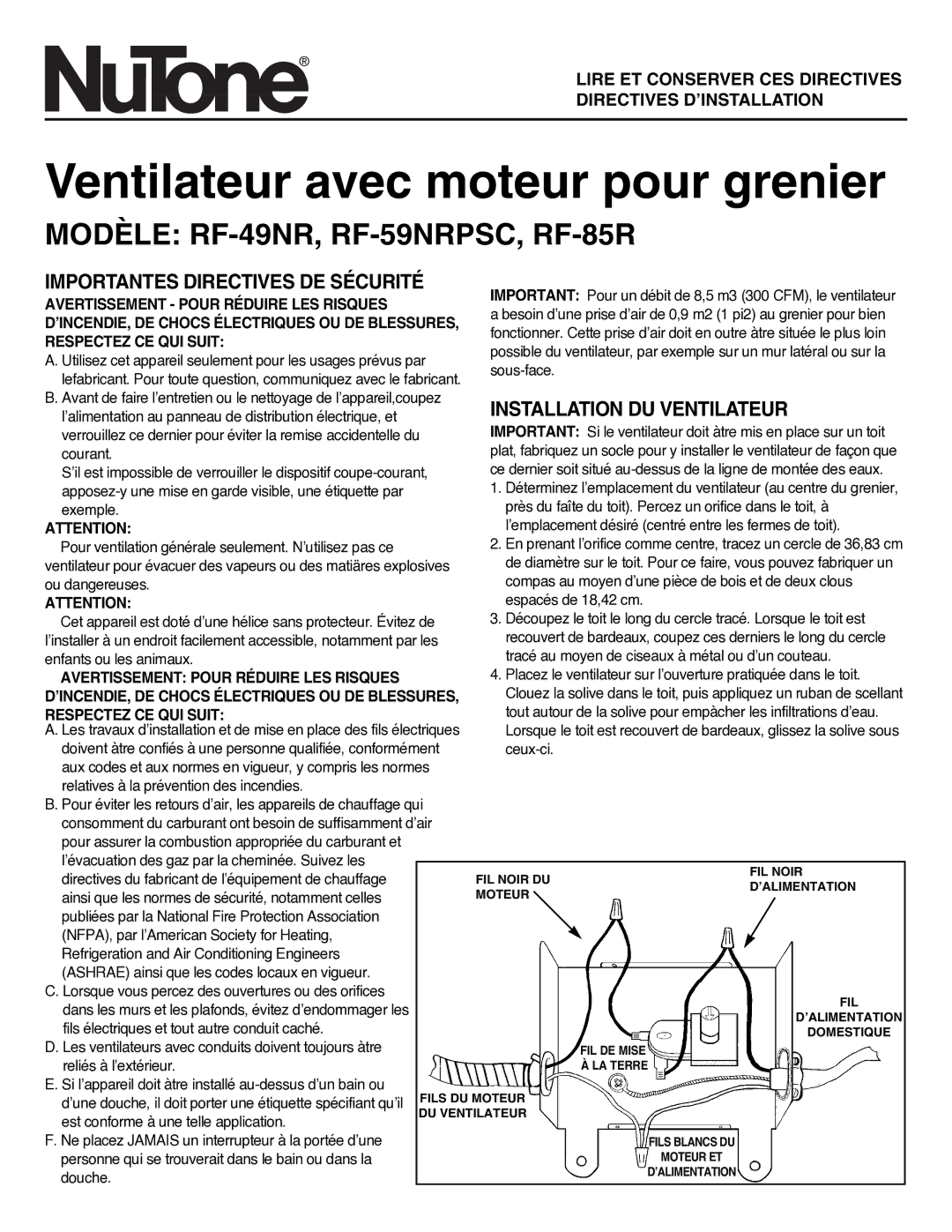 NuTone RF-85R Importantes Directives DE Sécurité, Installation DU Ventilateur, Avertissement Pour Réduire LES Risques 